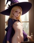 ai_generated atelier big_hat blonde blonde_female blonde_hair breasts long_hair looking_at_viewer nipples pink_nipples purple_eyes purple_hat pussy semi_nude wizard wizard_hat wizard_robe