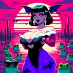 1girl ai_generated bat_wings big_breasts black_hair black_lipstick bodysuit darkstalkers earrings female_focus grabbing_own_breast green_eyes head_wings legwear makeup morrigan_aensland morrigan_aensland_(cosplay) short_hair stockings sunset vampire_savior