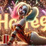 ai_generated ass blonde_hair blue_hair bodysuit dc_comics dc_comics dyed_hair fireworks harleen_quinzel harley_quinn lipstick makeup night red_hair twin_tails