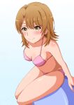 1girl 1girl alluring ball bikini blue_background breasts brown_eyes exercise_ball feet_out_of_frame gradient_background high_res isshiki_iroha konoyan light_brown_hair looking_at_viewer medium_breasts pink_bikini simple_background sitting swimsuit white_background yahari_ore_no_seishun_lovecome_wa_machigatteiru.