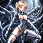 1girl ai_generated armor blond_hair blonde blonde_hair blue_eyes breasts breasts_out_of_clothes breasts_outside female_only gauntlets gems gynoid knight looking_at_viewer mecha nipples pink_nipples shoulder_pads tubes