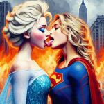 2_girls ai_generated blonde_hair bodysuit braid crossover dc_comics disney elsa_(frozen) french_kiss frozen_(movie) lesbian_kiss makeup supergirl yuri