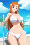  1girl alluring big_breasts bikini bleach brown_hair cleavage inoue_orihime koikoi_(artist) milf orange_hair pin_up swimming_pool white_bikini 