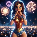 ai_generated blue_eyes bodysuit bracelet brown_hair dc_comics dc_comics fireworks long_hair looking_at_viewer night surprised surprised_expression wonder_woman