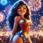 ai_generated big_hips biting_lip bodysuit bracelet bracelets brown_eyes brown_hair fireworks long_hair moana_(disney) moana_waialiki night rolling_eyes tiara wonder_woman_(cosplay)