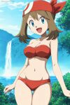 1girl alluring bandana big_breasts bikini brown_hair cleavage creatures_(company) forest game_freak koikoi_(artist) lake may may_(pokemon) nintendo outside pin_up pokemon pokemon_(anime) red_bikini