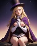  ai_generated blonde blonde_female blonde_hair breasts corset magician magician_hat nipples pink_nipples purple_eyes white_gloves wizard_robe 