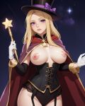 ai_generated blonde blonde_female blonde_hair breasts corset lingerie magician magician_hat nipples pink_nipples purple_eyes white_gloves wizard_robe