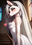  ai_generated black_fur blush blush helluva_boss loona_(helluva_boss) red_sclera wedding_dress white_eyes white_fur wolf_girl 