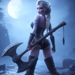 ai_generated axe blonde blonde_female blonde_hair braid disney elsa_(frozen) female_viking female_warrior frozen_(movie) long_hair looking_back mist moon norse_mythology viking viking_female white_hair