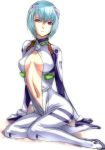  1girl blue_hair bodysuit breasts center_opening dodai_shouji female navel neon_genesis_evangelion plugsuit red_eyes rei_ayanami short_hair simple_background sitting solo unzipped white_background yokozuwari 