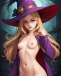 ai_generated big_hat blonde blonde_female blonde_hair breasts long_hair looking_at_viewer nipples pink_nipples purple_eyes purple_hat purple_robe pussy semi_nude sleeves wizard wizard_hat wizard_robe