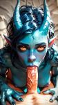  ai_generated blue_hair blue_nipples blue_scales blue_skin breasts dragon_girl fellatio furry furry_female human_on_furry humanization humanized humanoid lizard_girl looking_at_viewer nipples oral oral_sex orange_eyes pointy_ears pov pov_eye_contact short_hair 