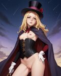 ai_generated blonde blonde_female blonde_hair bottomless breasts corset magician magician_hat nipples pink_nipples purple_eyes pussy white_gloves wizard_robe