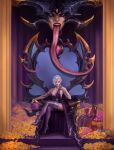  1girl crown female_only gemstone horns long_dress long_tongue pink_eyes short_hair sitting slaanesh slaanesh_(cult) sleeveless_dress throne tongue tongue_out warhammer_(franchise) warhammer_40k white_hair 