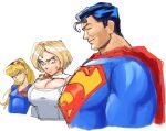  1boy 2_girls absurd_res big_breasts breast_envy breasts cape cleavage_cutout dc_comics girl_staring_at_guy&#039;s_chest_(meme) hairband high_res huge_breasts long_hair multiple_girls power_girl ratf short_hair supergirl superman superman_(series) 