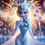 ai_generated big_breasts blonde_hair blue_eyes bodysuit braid disney elsa_(frozen) finger_in_mouth fireworks frozen_(movie) harlequin harlequin_hat lipstick long_hair looking_at_viewer makeup night sleeves