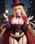 ai_generated blonde blonde_female blonde_hair breasts corset hite_gloves lingerie magician magician_hat nipples pink_nipples purple_eyes wizard_robe