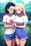  ai_generated black_hair blonde blonde_female blonde_hair blue_eyes clothed clothed_female hearts long_hair nervous nervous_smile short_hair yuri 