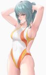  1girl absurd_res alluring arms_behind_head arms_up bare_arms bare_shoulders blush breasts commission dead_or_alive dead_or_alive_6 dead_or_alive_xtreme female_only grey_hair high_res highleg highleg_bikini highleg_swimsuit hoki1314 lips long_hair looking_at_viewer medium_breasts one-piece_bikini parted_lips ponytail simple_background skeb_commission smile swimsuit tamaki_(doa) tecmo thighs yellow_eyes 