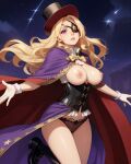 ai_generated blonde blonde_female blonde_hair breasts corset magician magician_hat nipples pink_nipples purple_eyes white_gloves wizard_robe