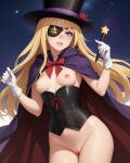  ai_generated blonde blonde_female blonde_hair bottomless breasts corset magician magician_hat nipples pink_nipples purple_eyes pussy white_gloves wizard_robe 