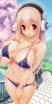  big_breasts bikini blue_bikini headphones lake nitroplus pink_hair red_eyes sunscreen super_sonico trees tsuji_santa 