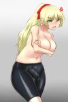  1girl angry areola_slip areolae bike_shorts blonde_hair blush bow breasts bulge covering covering_breasts female futanari green_eyes hair hair_bow intersex large_breasts long_hair open_mouth original penis ponytail simple_background skin_tight solo teeth tontoro8 topless 