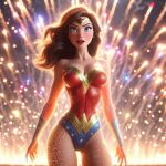  ai_generated big_breasts blue_eyes bodysuit bracelet brown_hair dc_comics dc_comics fireworks lipstick long_hair night wonder_woman 