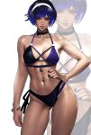 1girl abs alluring athletic athletic_female bikini black_and_purple_hair female_abs female_only fully_clothed kittymiya multicolored_hair namco navel purple_eyes purple_highlights reina_(tekken) short_hair swimsuit tekken tekken_8 thick_thighs