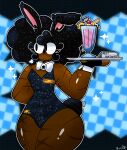  2023 black_hair bunny_ears bunnysuit dark-skinned_male dark_skin fazzinart femboy fishnets nervous shy sweating thick_thighs wide_hips 