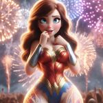 ai_generated big_breasts blue_eyes bodysuit bracelet brown_hair dc_comics dc_comics finger_in_mouth fireworks lipstick long_hair night wonder_woman