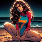  ai_generated beach bodysuit bottomless brown_hair ecchi kamala_khan long_hair looking_at_viewer marvel marvel_comics night older older_female spread_legs young_adult young_adult_female young_adult_woman 