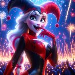 ai_generated biting_finger blonde blonde_female blonde_hair bodysuit disney elsa_(frozen) fireworks frozen_(movie) harlequin harlequin_hat harley_quinn_(cosplay) lipstick long_hair looking_at_viewer makeup night