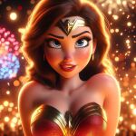 ai_generated biting_lip blue_eyes bodysuit brown_hair dc_comics dc_comics earrings fireworks freckles looking_at_viewer night seductive_look seductive_smile wonder_woman