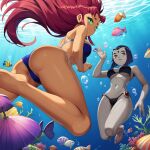 ai_generated bikini blue_background dc_comics ecchi female_only fish forehead_jewel gem gemstone green_eyes long_hair looking_at_viewer ocean pale_skin purple_eyes purple_hair raven_(dc) red_hair sea short_hair starfire submerged swimming teen teen_titans teen_titans_(television_series) underwater water