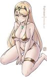  1girl alluring bare_legs big_breasts bikini blonde_hair chascoby cleavage core_crystal female_only gold_bikini mythra nintendo on_knees xenoblade_(series) xenoblade_chronicles_2 yellow_eyes 