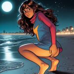  ai_generated beach bottomless brown_hair covering covering_self ecchi kamala_khan long_hair looking_at_viewer marvel marvel_comics night older older_female young_adult young_adult_female young_adult_woman 