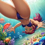 ai_generated bikini blue_background dc_comics dc_comics ecchi fish forehead_jewel gem gemstone green_eyes long_hair looking_at_viewer ocean purple_eyes red_hair sea starfire submerged swimming teen_titans teen_titans_(television_series) water