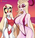  2024 2_girls alluring beach big_breasts black_lipstick blonde_hair blush breast_envy charlie_morningstar_(hazbin_hotel) demon_girl demon_horns eyelashes grey_skin hazbin_hotel hourglass_figure lilith_morningstar_(hazbin_hotel) long_hair milf mother_&amp;_daughter mother_daughter_boob_envy_(meme) nipple_slip ocean predaking29 red_eyes sand sling_bikini small_breasts swimsuit vivienne_medrano white_skin 