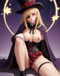 ai_generated blonde blonde_female blonde_hair breasts corset magician magician_hat nipples pink_nipples purple_eyes white_gloves wizard_robe