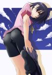  1girl ass bakemonogatari bike_shorts feet female footwear hands kanbaru_suruga kuronyan monogatari_(series) red_eyes school_uniform short_hair socks soles solo undressing 