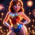 ai_generated big_breasts blue_eyes bodysuit bracelet brown_hair dc_comics dc_comics fireworks freckles hands_on_hips lipstick long_hair night wonder_woman