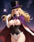 ai_generated blonde blonde_female blonde_hair breasts corset lingerie magician magician_hat nipples pink_nipples purple_eyes white_gloves wizard_robe