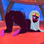  1:1 1girl 2020 alien alien_girl animated* ass ass_focus black_skin blue_eyes crown duck_dodgers face_markings footwear gif long_hair looking_at_viewer looking_back looney_tunes martian mouthless nude on_all_fours pussy queen queen_tyr&#039;ahnee rear_view shaking_butt twerking twistedgrim white_hair 