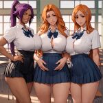 3_girls ai_generated alex_schura big_breasts bitch breasts female_only hair_ornament hooker inoue_orihime long_hair matsumoto_rangiku mature_female miniskirt orange_hair orihime_inoue pervert pervert_female prostitution rangiku_matsumoto school_uniform sex_invitation sexually_suggestive shihouin_yoruichi skirt smile uniform yoruichi_shihouin