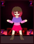  1girl alternate_version_available bete_noire betty_noire black_eyes boots brown_hair female_only glitchtale pink_shirt pixel_(artwork) pixel_art purple_shirt red_eyes red_hair red_skin short_hair skirt undertale_au zixy_(artist) 