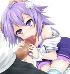  1boy 1girl bare_shoulders blush choujigen_game_neptune d-pad fellatio female hair_ornament handjob hetero hyperdimension_neptunia looking_at_viewer male_pubic_hair neptune neptune_(choujigen_game_neptune) neptune_(series) oral penis precum pubic_hair purple_eyes purple_hair solo_focus striped striped_legwear tilapiacanth uncensored 