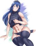  1girl 1girl 1girl abs alluring arcedo athletic_female bare_thighs blue_eyes blue_hair breasts female_abs female_only fire_emblem fire_emblem_awakening fit_female long_hair lucina lucina_(fire_emblem) nintendo pulling_up_shirt revealing_clothes stockings symbol-shaped_pupils thick_thighs thighs tiara toned_female workout_clothes 