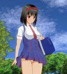 1girl 3d big_breasts black_hair blue_dress blue_eyes classmate_daisuke dress_lift embarrassed innie_pussy long_hair looking_down miniskirt no_panties school_uniform wind_lift